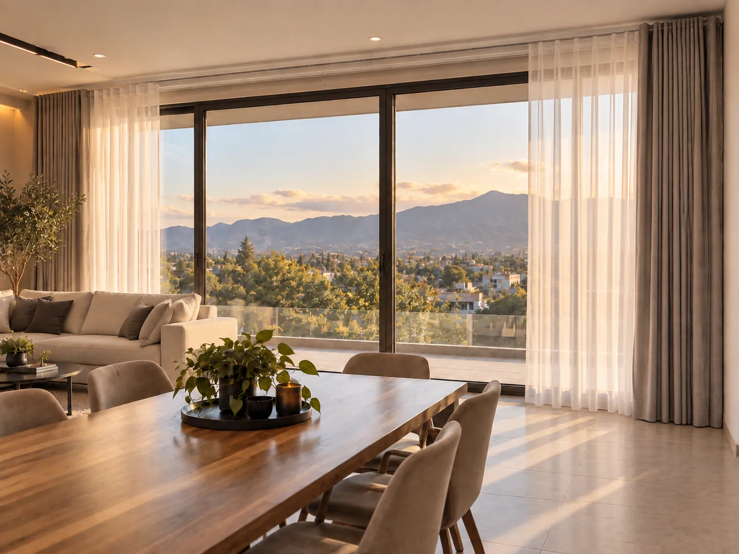 Living comedor terminado con cortinas de Riel Europeo
